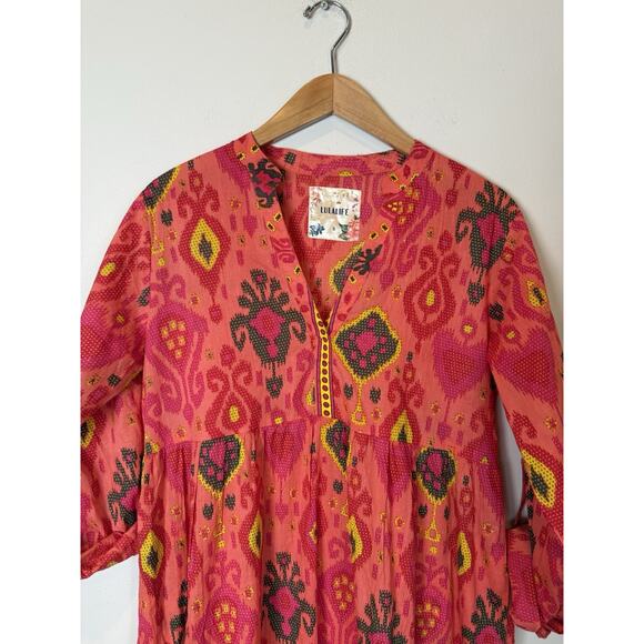 LULALIFE Lula Life Long Sleeve V-neck Abstract Aztec Cotton Midi Dress Sz Small - Picture 3 of 9